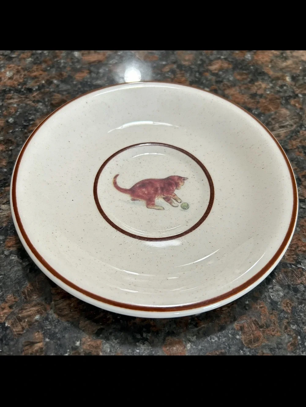 Cream Ceramic Cat Bowl with Brown Trim and Playful Cat Illustration